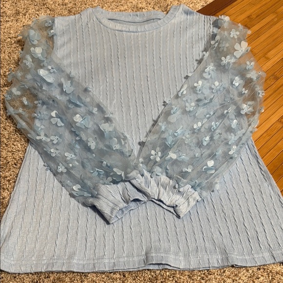 Tops - Blue Top with Sheer Floral Sleeves NWOT
